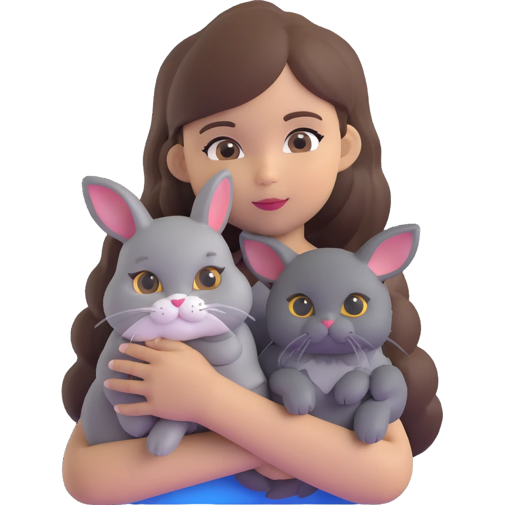 brunette chinita girl holding a brown holland lop rabbit, gray persian cat, and black kitten emoji