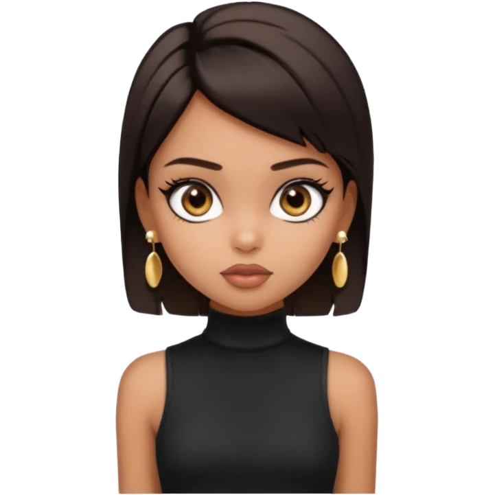 generate a pretty bratz girl in black cami top, dark brown straight short hair, eyeliner on. dark brown eyes. Wearing sleeveless white turtleneck, gold stud earrings emoji