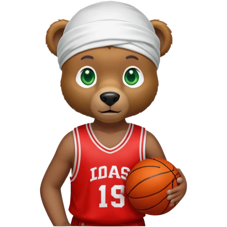 Cool brown bear with green eyes in a white silk durag and red basketball jersey showing just the top shoulders and collar, iOS emoji style emoji