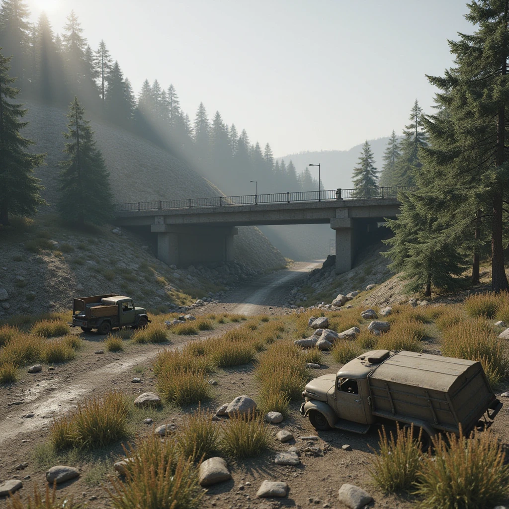  a screenshot of a location in a videogame  the image of the scene consists of:  [above-ground freeway partially collapsed], a wooded area, a small field of wheat, sandbag barricades. distant smoke. uneven terrain, derelict vintage work trucks, more distant smoke. polluted and war-torn emoji