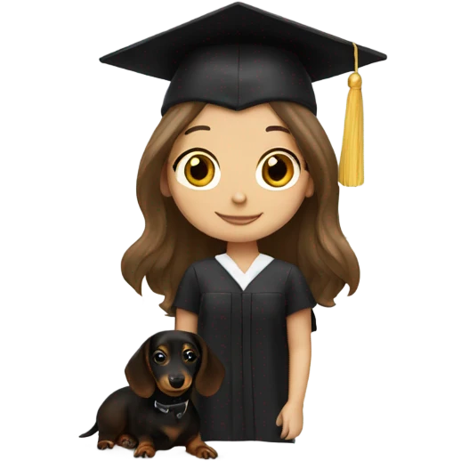 Brown haired white girl in graduation cap holding black long haired dachshund  emoji