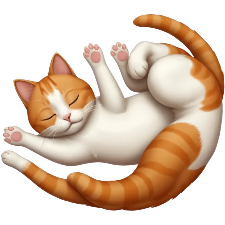 ginger and white small cat eyes closed lying down upside down with paws stretched out straight in different directions emoji