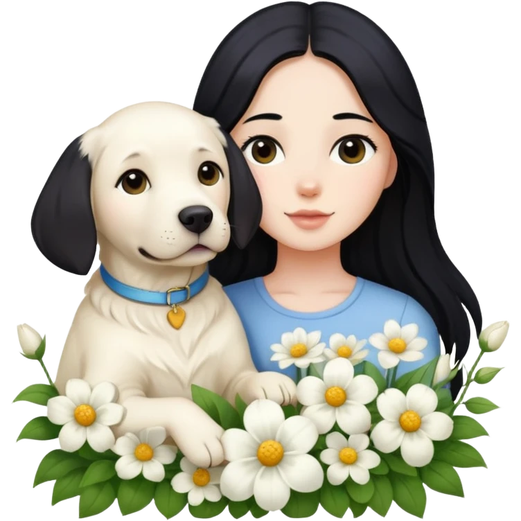 A girl with long black hair is holding a white Labrador in the flowers emoji