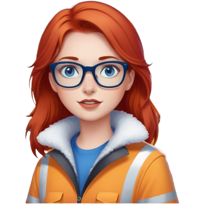 lady with shoulder length red hair, blue eyes and glasses inside a big Snowplow and show the snowplow emoji
