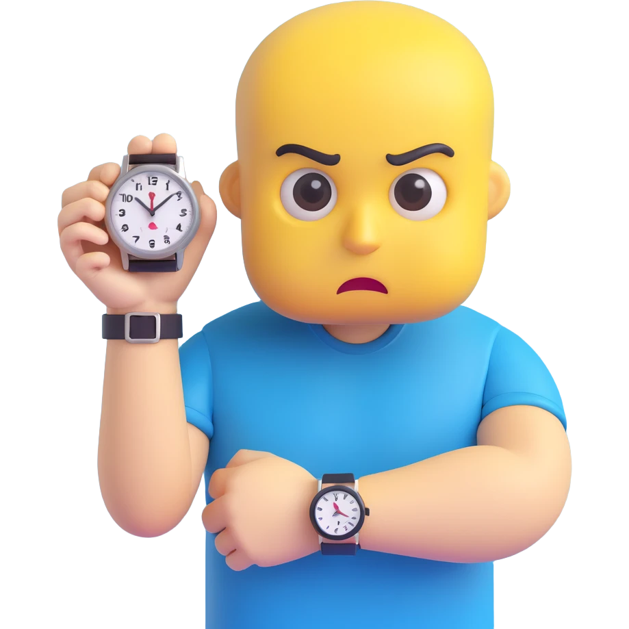 A yellow emoji face with a worried expression, looking at a wristwatch with raised eyebrows, showing urgency and stress emoji