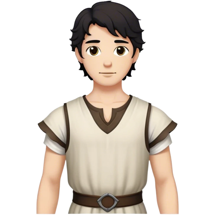medieval summer outfit worn by a DnD themed fantasy male character. thin, sleeveless cotton tunic with a deep neckline and reinforced stitching around the shoulders. clothes only above the waist. The clothes full waist. The character's haven't arms. character is white-skinned, black hair, brown eyes, short wavy hair. emoji