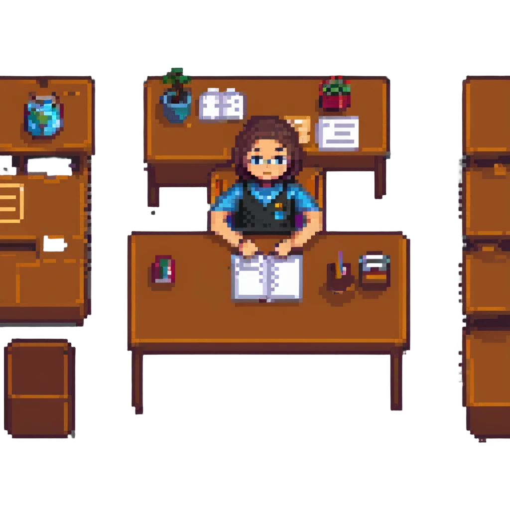 pixel art of a student taking an exam at a desk emoji