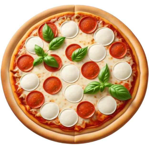 Cinematic Realistic Pizza Napoletana Dish Emoji, depicted as a classic thin‚Äêcrust pizza topped with vibrant tomato sauce, fresh mozzarella, and basil rendered with mouth‚Äêwatering textures and warm natural lighting. emoji