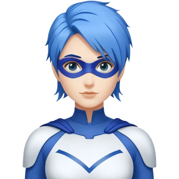 24x24 emoji close-up of a friendly woman with blue hair, wearing a minimalist blue and white superhero suit. The suit has a large blank area on the chest for a logo, uses only blue and white colors, and includes minimal details. No accessories on the face, no mask. emoji
