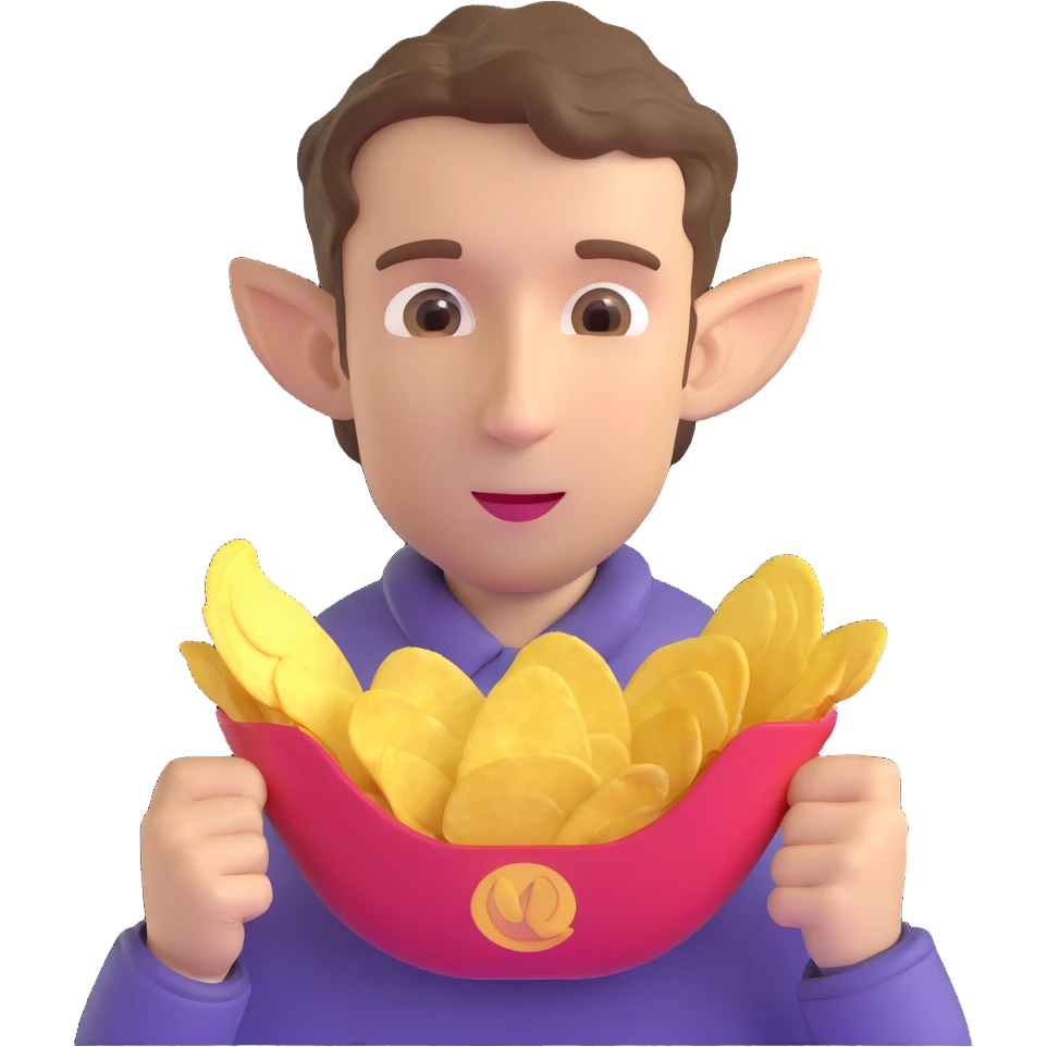 Man with short wavy hair, large ears, holding potato chips emoji