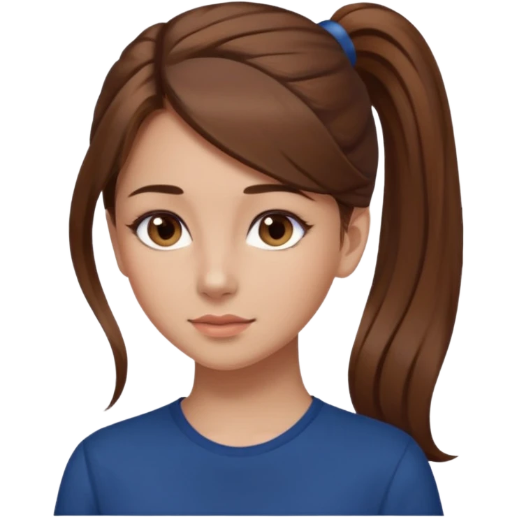 pretty girl brown long hair makeup ponytail  on left shoulder, dark blue shirt emoji