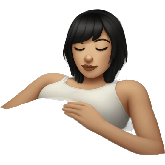 Woman pale skin black hair with bangs sleeping in bed with pillow, white woman emoji