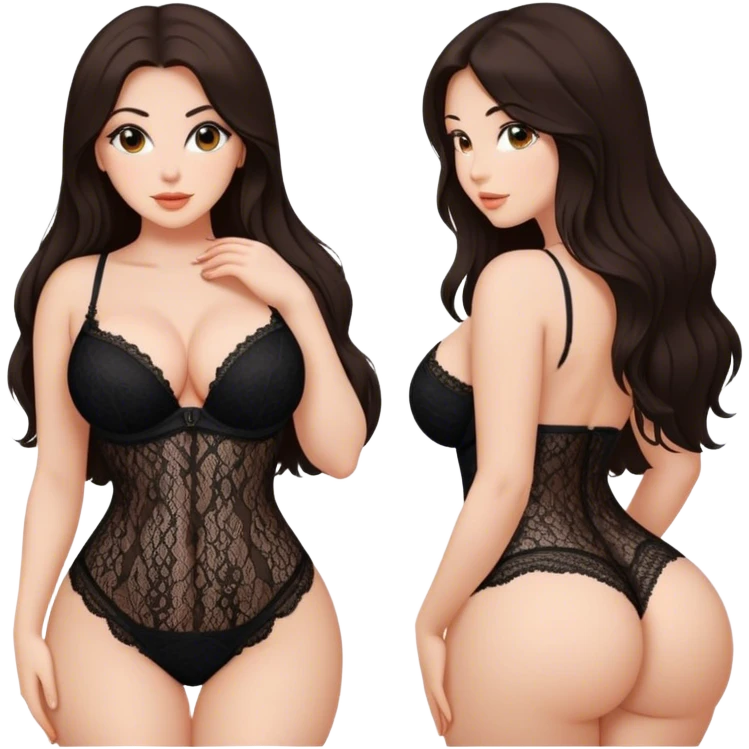 Beautiful Buxom long haired brunette, big juicy booty, wearing black lace, sfw emoji