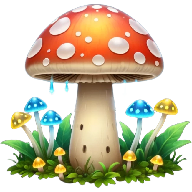 A glowing mushroom with fire flys flying around it  emoji