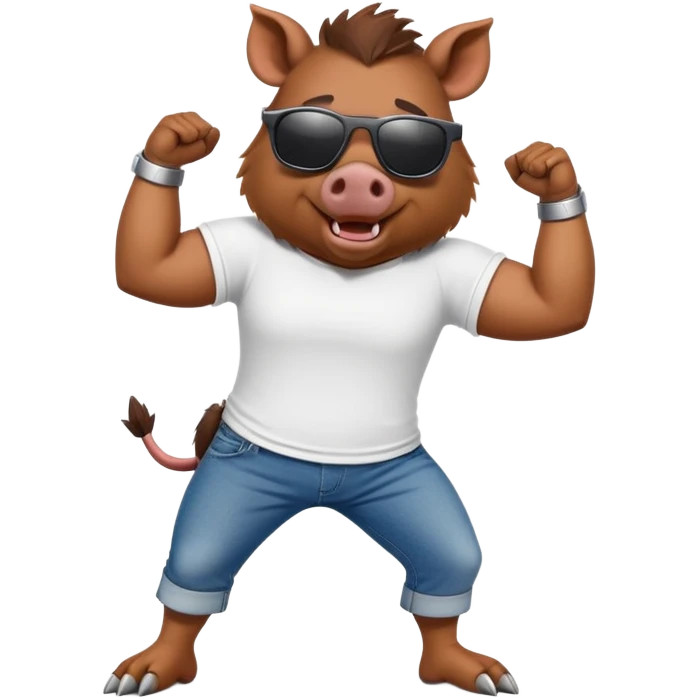 friendly anthropomorphised boar in jeans and a t-shirt, wearing dark sunglasses, stretching pose emoji