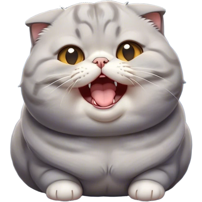 Cinematic Cute Chubby Grey Scottish Fold Cat Portrait Emoji, Adorable folded ears framing its round face, head tilted playfully and yawning, round and plump body with sleek soft grey fur and subtle blue undertones, Simplified yet adorable features, highly detailed, glowing with a warm, friendly glow, high shine, curious yet calm, stylized with a touch of whimsy, bright and endearing, soft glowing outline, capturing the essence of a mischievous yet loving and lazy kitty with those signature folded ears, so cute it feels like it could stretch out of the screen and cuddle! emoji
