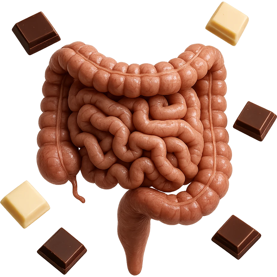 pezzetti di cioccolato fondenti, al latte e bianchi fluttuano intorno ad un intestino umano anatomico realistico, IPERREALISTICO 4K emoji