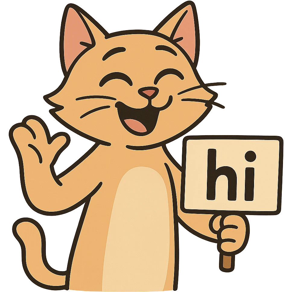 a smiling cat holding a sign that says hi, approachable, colorful, cartoon style emoji