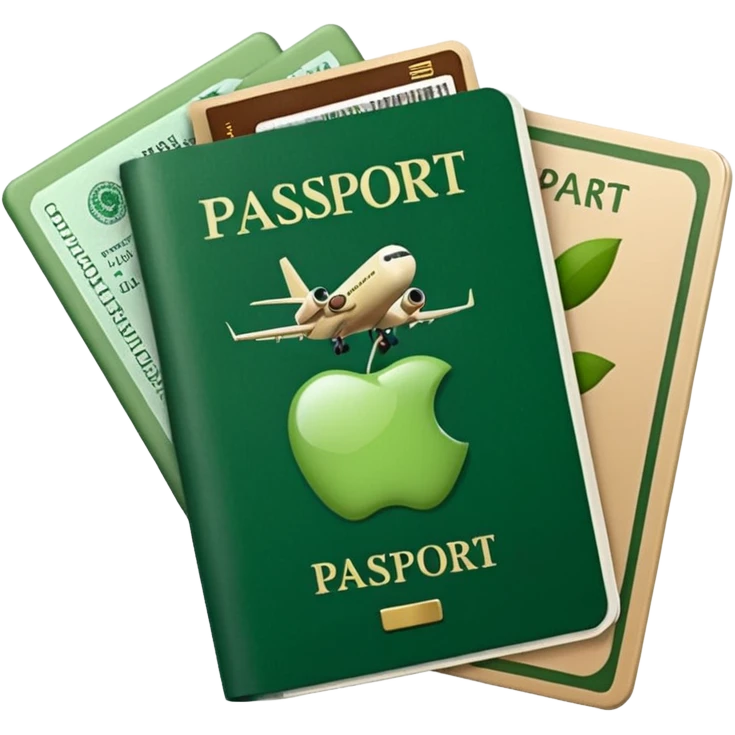 passport and airline tickets, Apple emoji style, colors #173e12 and #c1a793, no text emoji