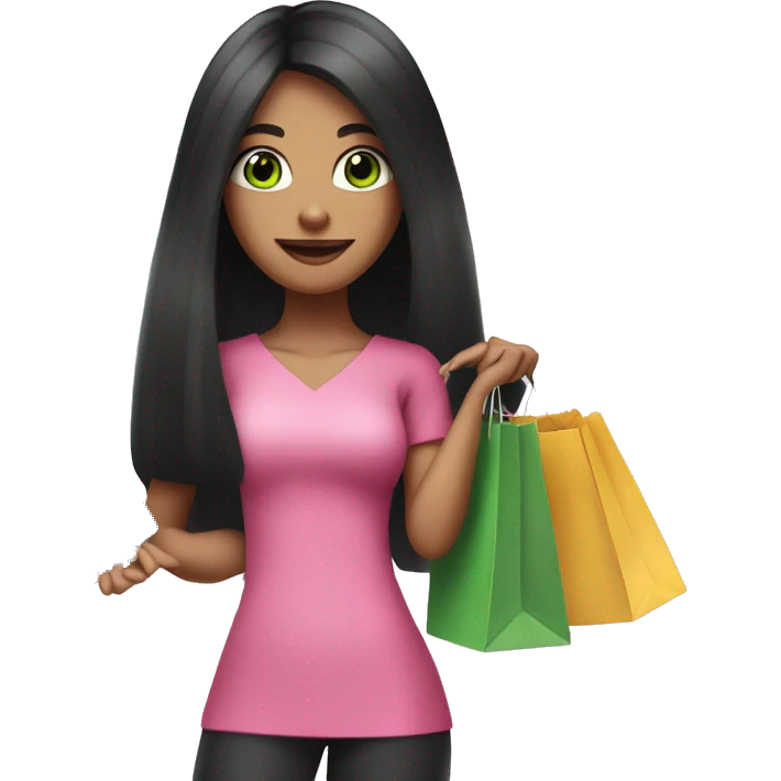 girl with very long black hair and green eyes and pink outfit holding credit card and shopping bags emoji