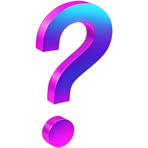 three-dimensional question mark with neon glow effect, blue and purple neon glow on top left, pink neon glow on bottom right emoji