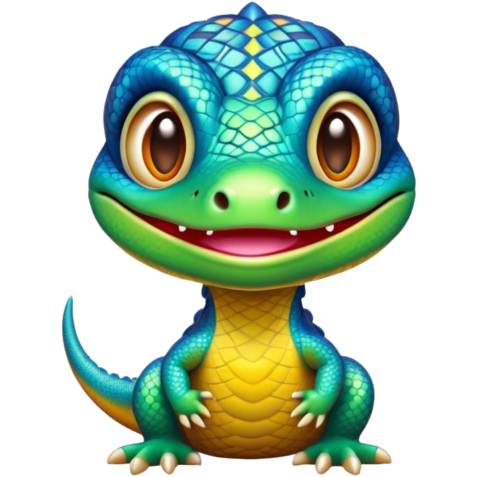 Cinematic Cute Monitor Lizard Portrait Emoji, Head tilted playfully and inquisitively, with a sleek, patterned body accented by vibrant hues and round, sparkling eyes full of wonder, Simplified yet irresistibly adorable features, highly detailed, glowing with a warm, friendly glow, high shine, affectionate and lively, stylized with a touch of exotic charm, bright and endearing, soft glowing outline, capturing the essence of a mischievous yet captivating lizard that seems as if it could scuttle out of the screen into your arms! emoji
