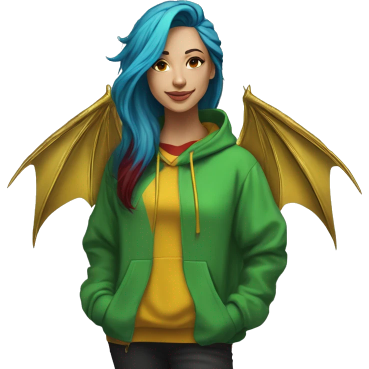 420 Lady with brunette and iridescent blue hair, hemp, gold, green dragon wings, maroon hoodie, 420, black and gold Nike t shirt, and bright red eyes emoji
