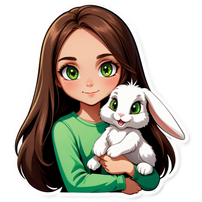 Long brown haired, green eyed girl holding a grey bunny. The bunny has floppy ears. emoji