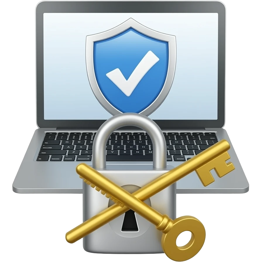 icon featuring three layered elements: a floating laptop in the center with a screen showing a security shield with a checkmark. In front of the laptop, a closed padlock with a metallic shackle. Crossing the padlock a golden key with a round bow and visible teeth. Transparent or white background. emoji