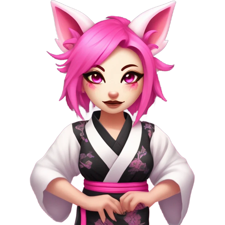 Full body female, succubus kitsune, neon pink eyes, vibrant pink hair, alabaster skin, fluffy black tails, pink tail tips, spiked choker, unique heritage, seductive charm, rebellious spirit, traditional kimonos, spiked anklets, and Barefoot 
 emoji