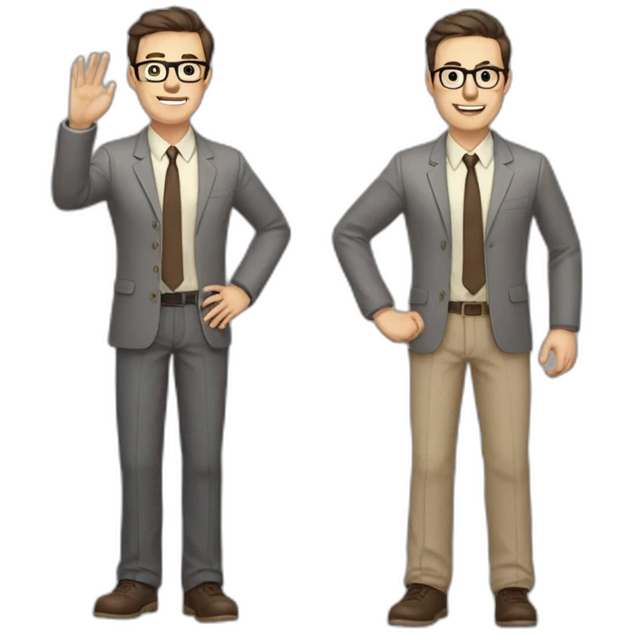 Full height Actively gesturing with hands Pale skinned fit man with dark brown hair in gray jacket, beige office shirt, brown tie, brown pants and vintage glasses. emoji