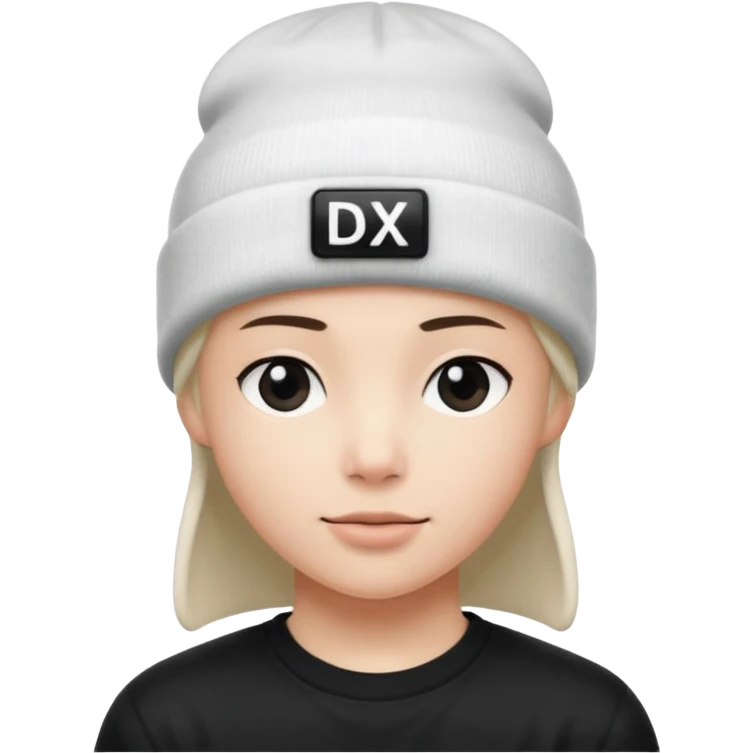 wearing a white beanie with an black square logo with the word "DX" written on it.

 emoji