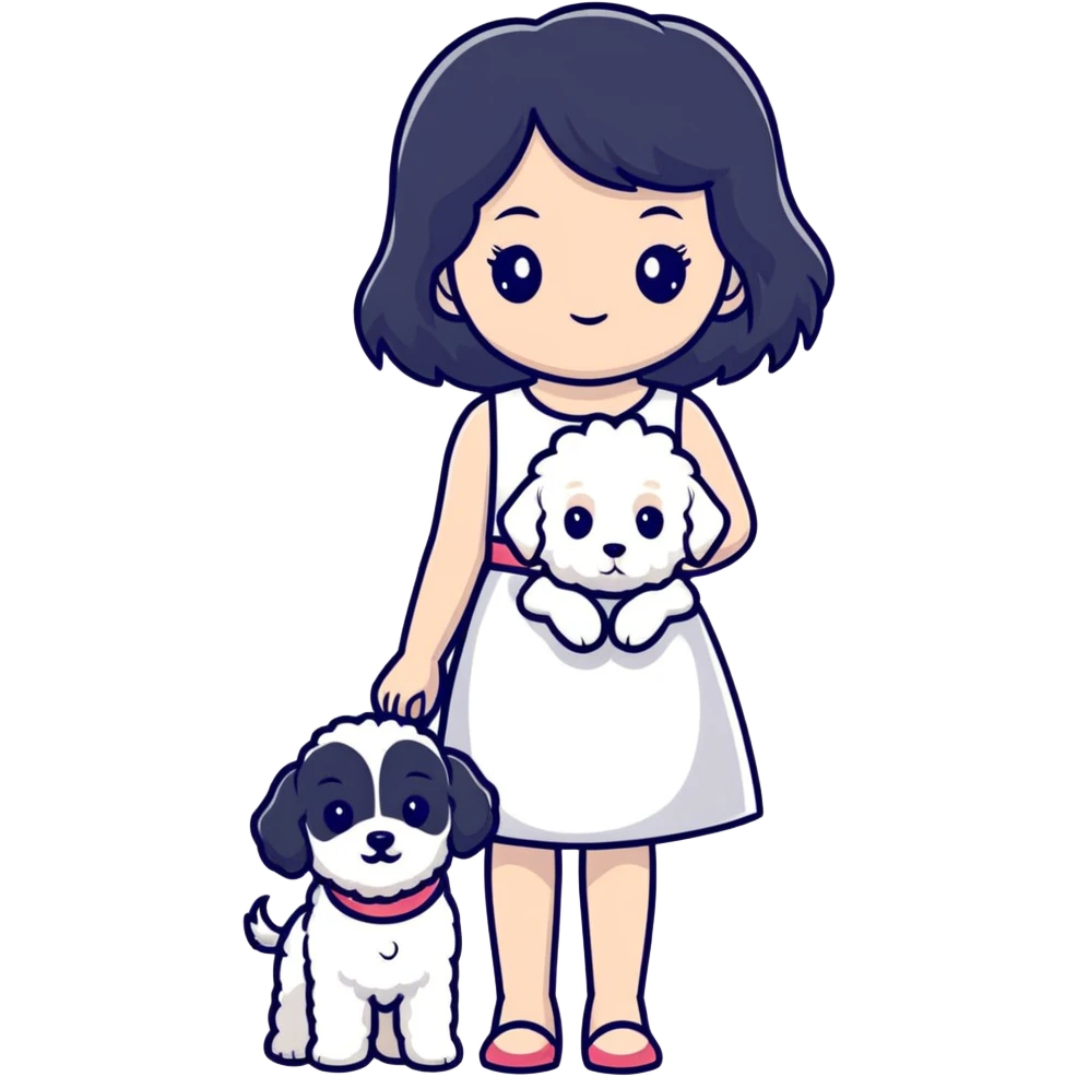 A beautiful girl with long black hair wearing a white dress holds a small white Bichon Frise in her arms emoji