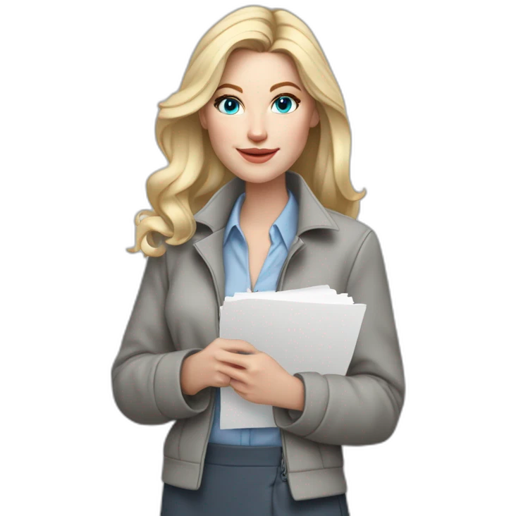 pale skin woman interior designer with cold blonde middle length hair, blue eyes, White blouse, Gray oversize jacket, Gray skirt holding a color palette in the hands emoji