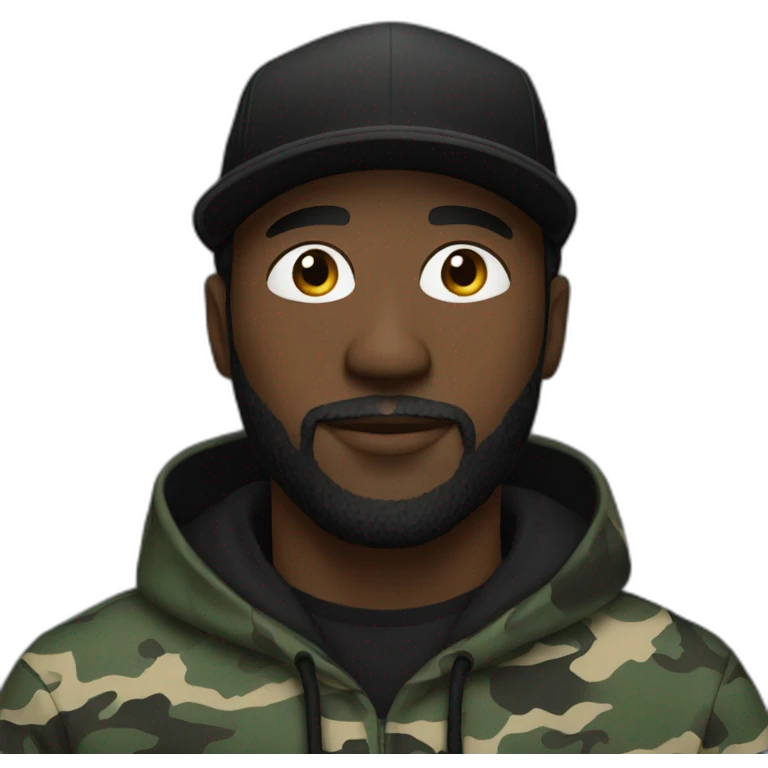 black man with a beard,camo hat, black hoodie emoji