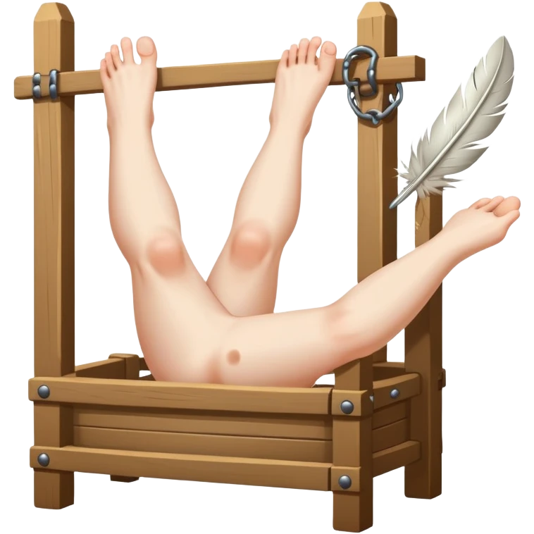 Bare feet locked in medieval stocks being tickled with a feather emoji