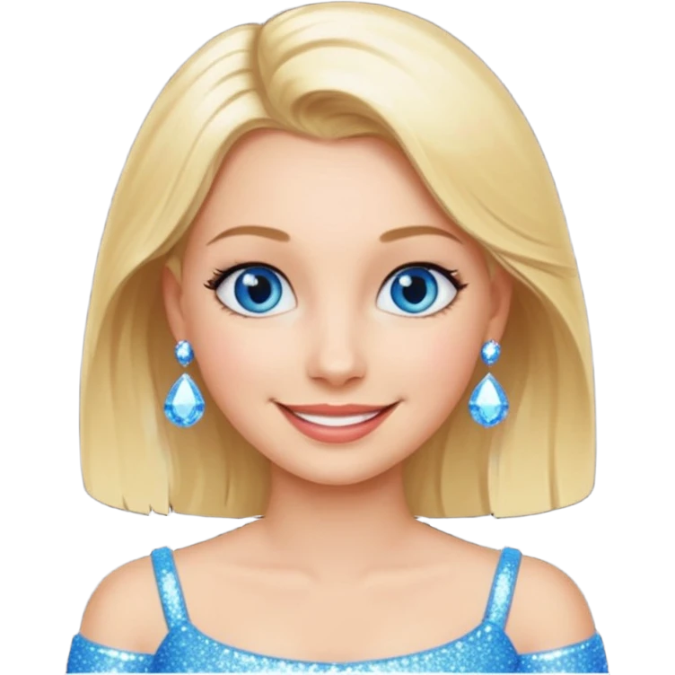 make this real, blond, below shoulder, blue eyes, 50s, sparkle in the eyes, fun, smile, no earings, relaxed style emoji
