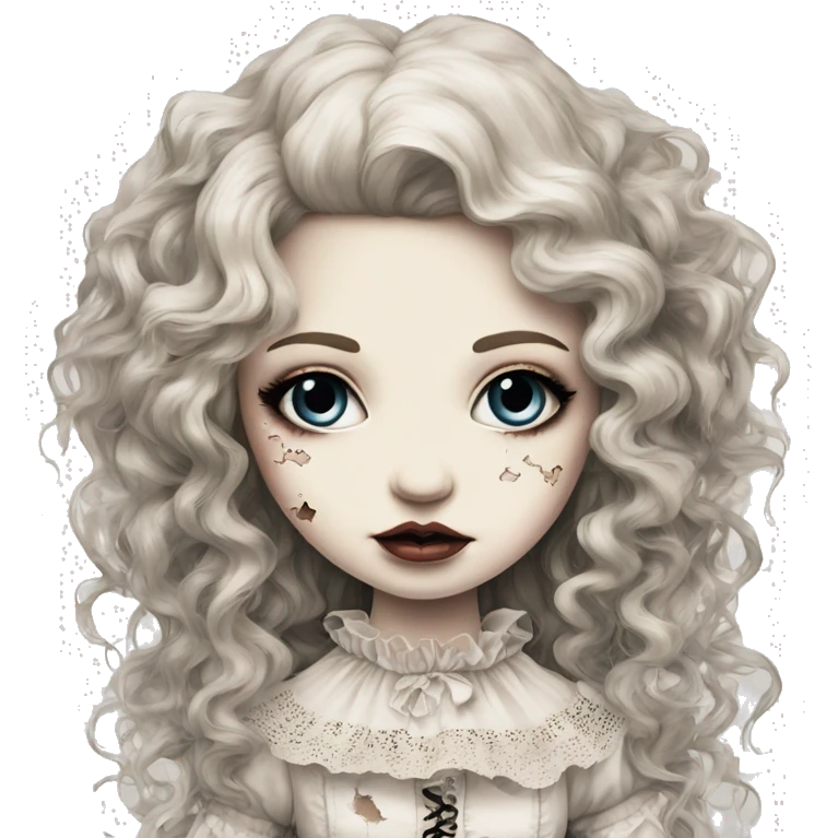 porcelain doll with a cracked face, long hair, lace and ruffles, lolita style, inked emoji