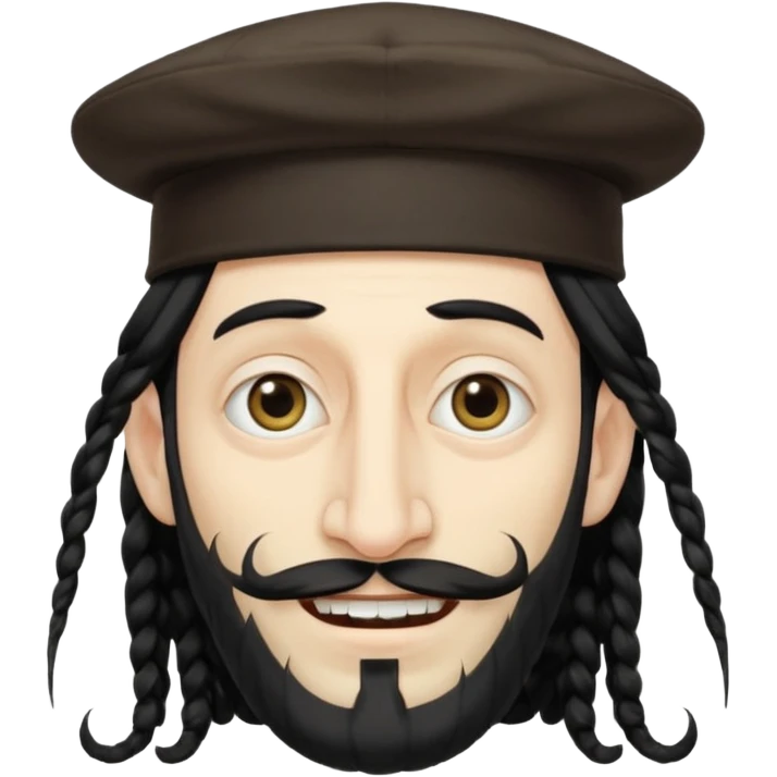 Jewish white man emoji with long dread black hair on the sides and jewish judaism hat, long big nose and crooked teeth emoji