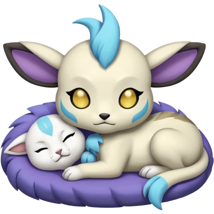 Animalistic kawaii chibi sleepy happy glad somber mongral Meloetta-Absol-Zekrom-Gatomon-Pteromon-hybrid with closed eyes snoring emoji