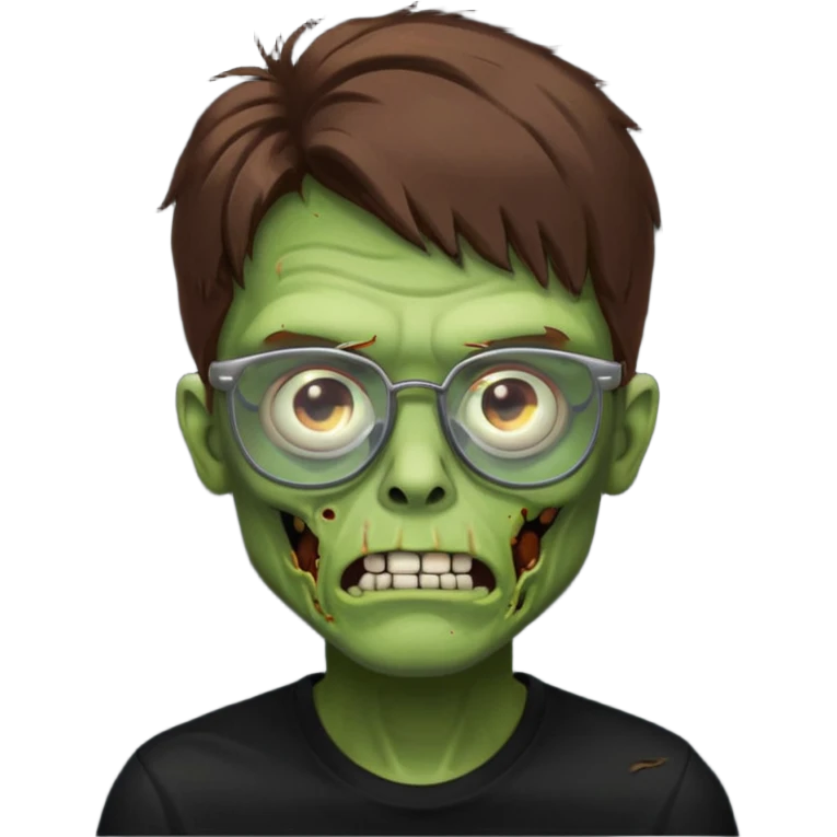 Green zombie, brown hair, black glasses, black shirt. iOS style. emoji