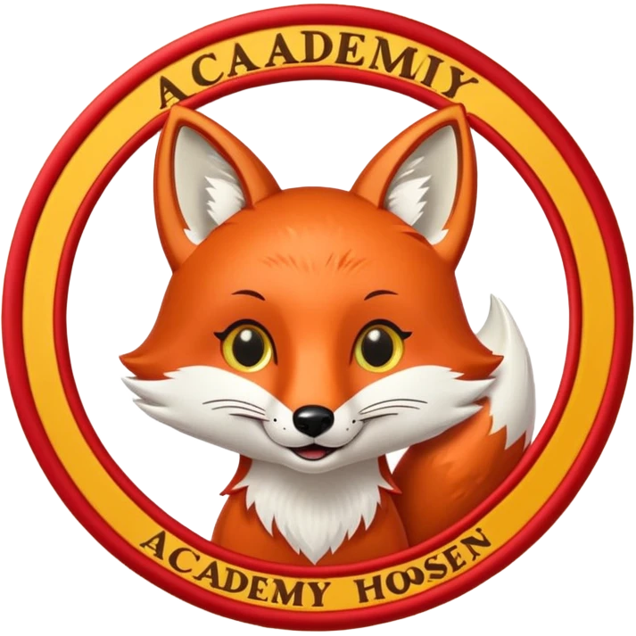 Cute cartoon fox face inside a round badge, smiling with big eyes, with a red background and golden border. Below the fox, a rectangular nameplate with the text "ACADEMY HOSEIN" in bold yellow letters. Embroidered patch style.
 emoji
