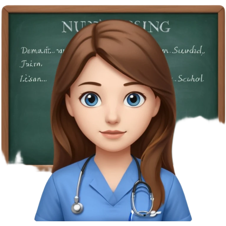university classroom that says nursing school on the blackboard with a pretty female nursing student with long brown hair, blue eyes emoji