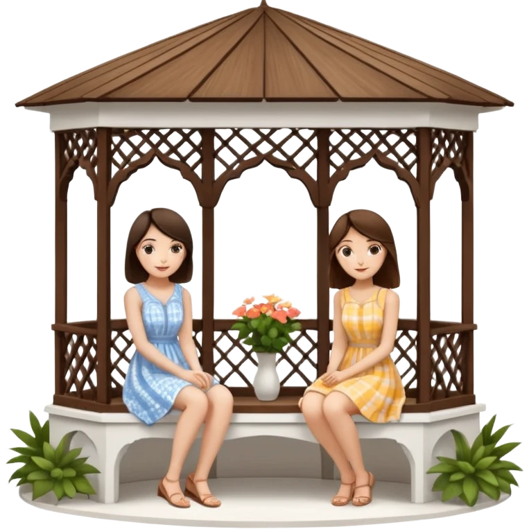 Two brunette women sitting inside a large white gazebo emoji