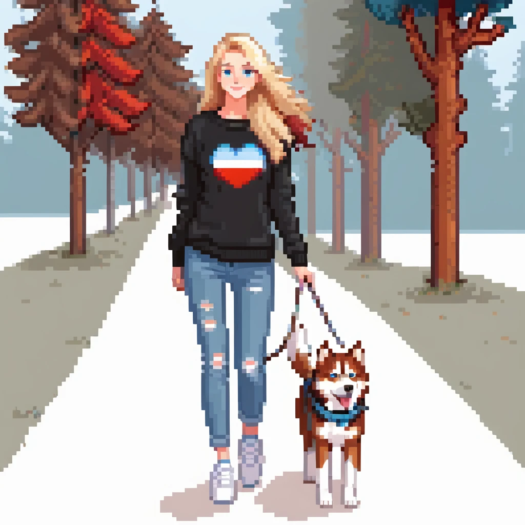 Cute Blonde woman wearing a black sweater and jeans and white sneakers walking a happy red-brown blue-eyed Siberian husky in New York City on an upper east side city sidewalk  emoji