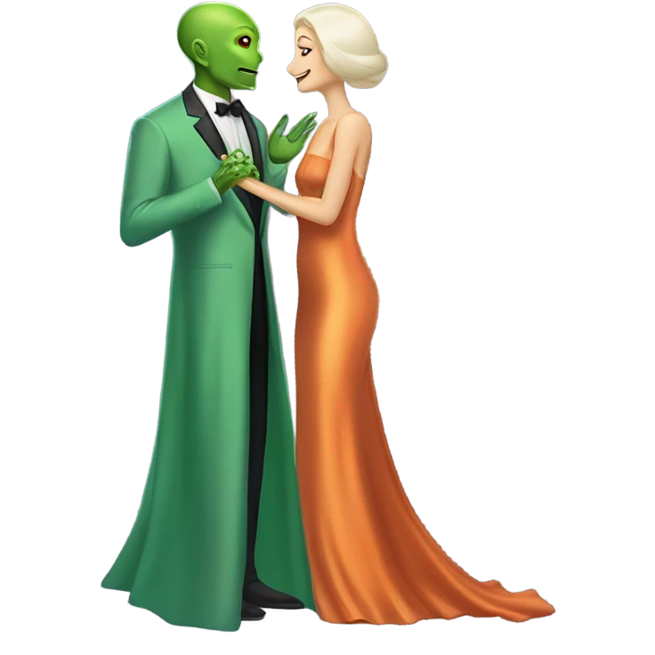 alien reptilian green skin woman,long slim pastel orange formal party satin dress with gradient shiny sparkling dark red, and caucasian man in black dres on his knees asks her to marry her emoji