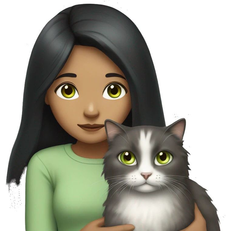girl with long black hair and light brown eyes holding fluffy grey cat with light green eyes emoji