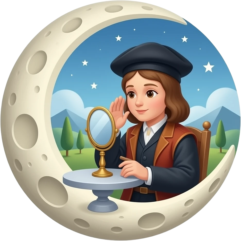 Renaissance pof someone smellint mirror on moon in a dream room the other table though a rolled moon room up emoji