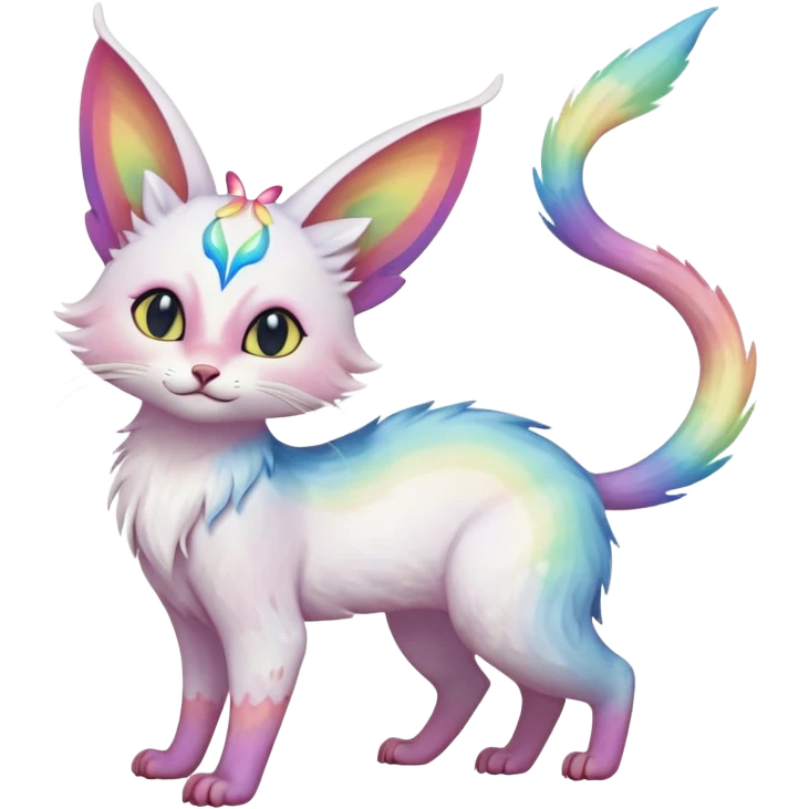 Jumping-Pure-snow-White albino iridescent with pastel rainbow-gradients-color-markings with swirly patterns butterflies  faerie-Noivern-Noibat-Purloin-Torracat-Lykoi-Caracal-cat-Fakemon-fusion-hybrid-creature- emoji