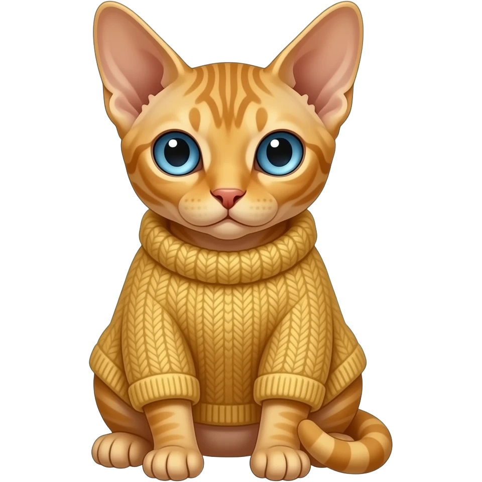A skinny golden Cornish Rex cat with blue eyes sits on a warm sweater emoji
